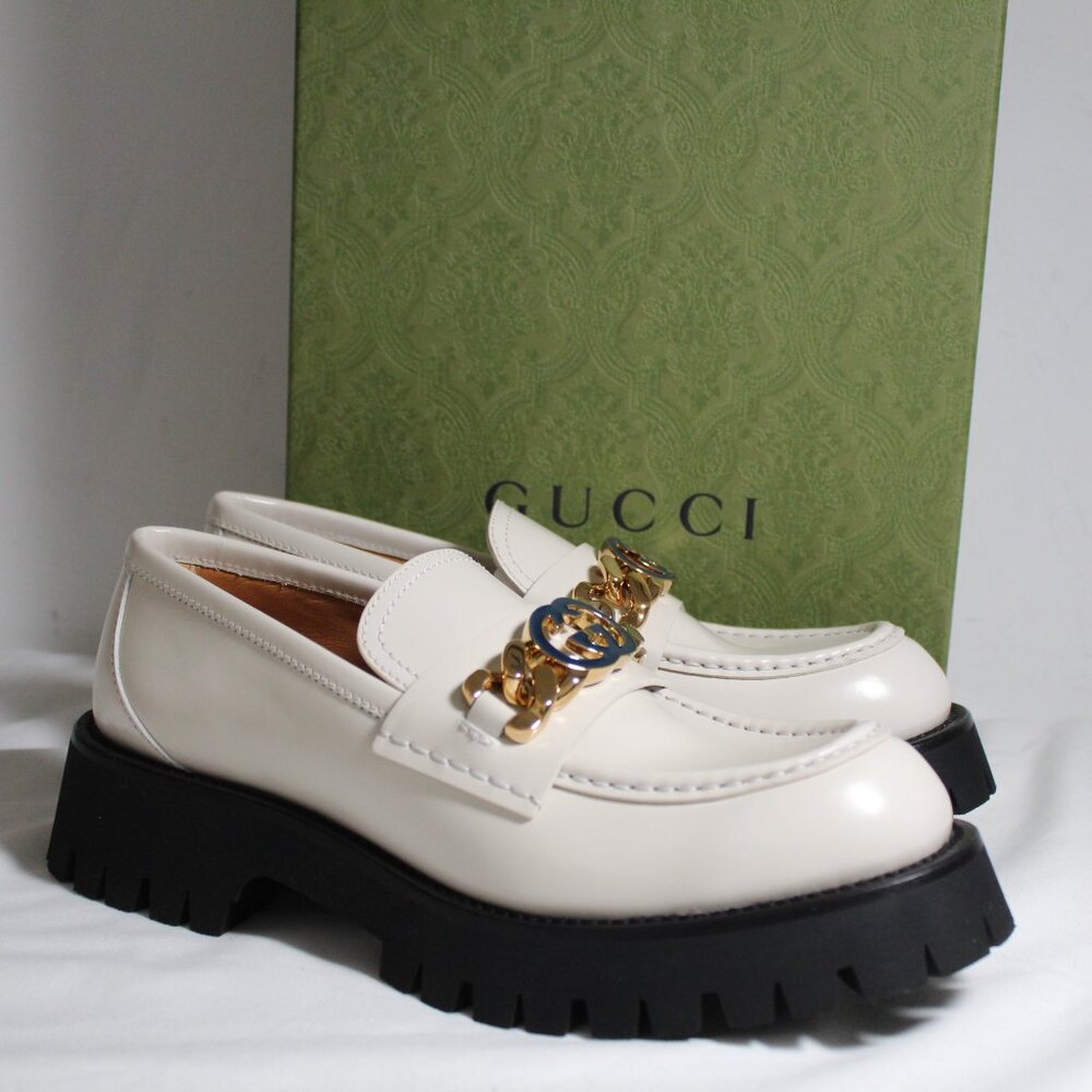 NWB Gucci GG Hardware Lux Moccasin Magnum Lug Soles Loafers 40 White 750527